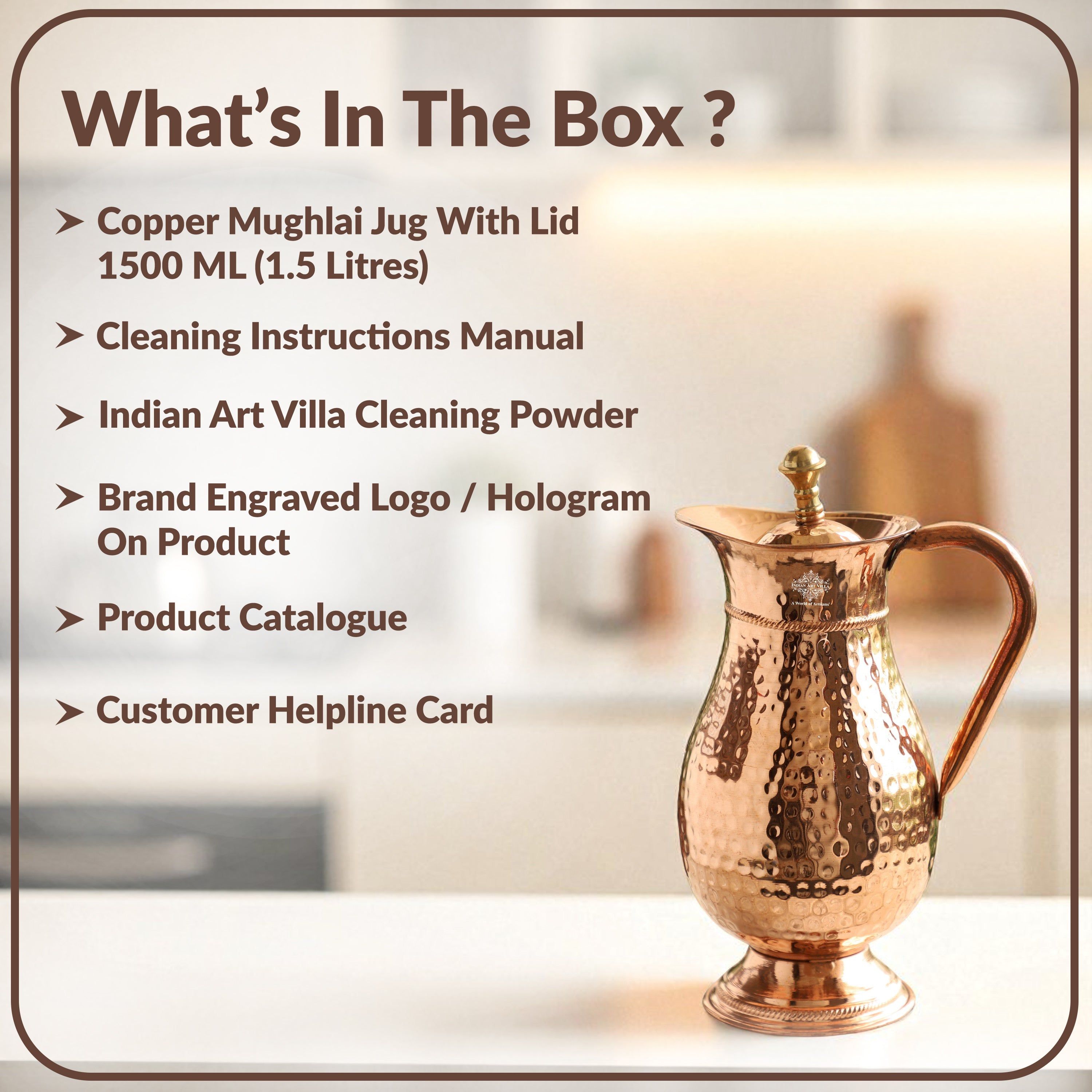 Pure copper antique hammered design mughlai jug with lid hammered, 1500 ML